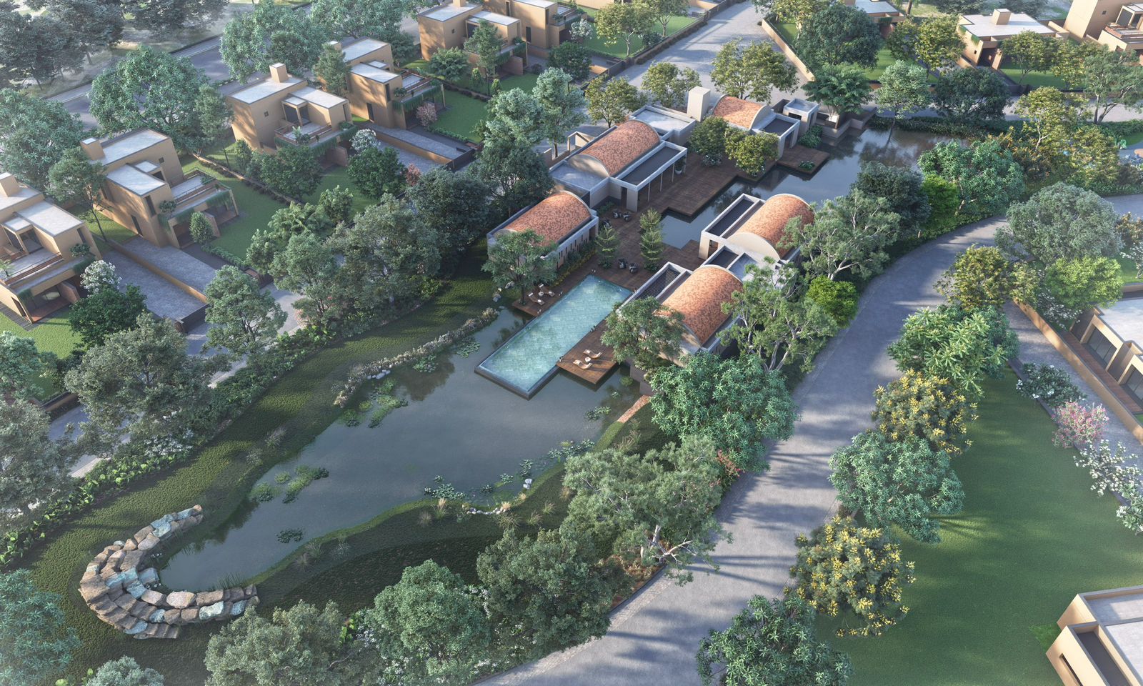 Aerial view of Lake Side villas around the central water body