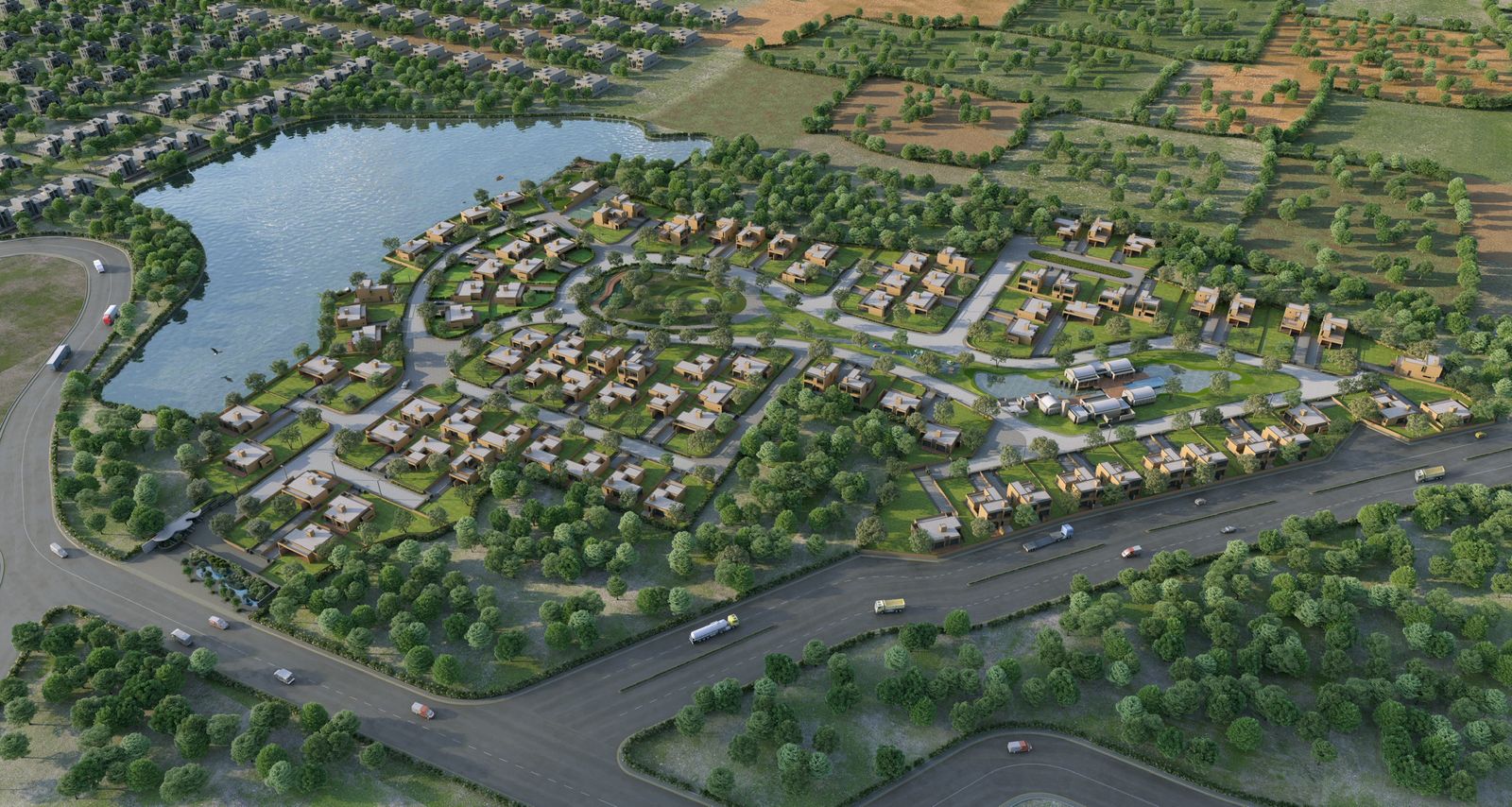 Aerial masterplan of The Lake Side community beside the lake