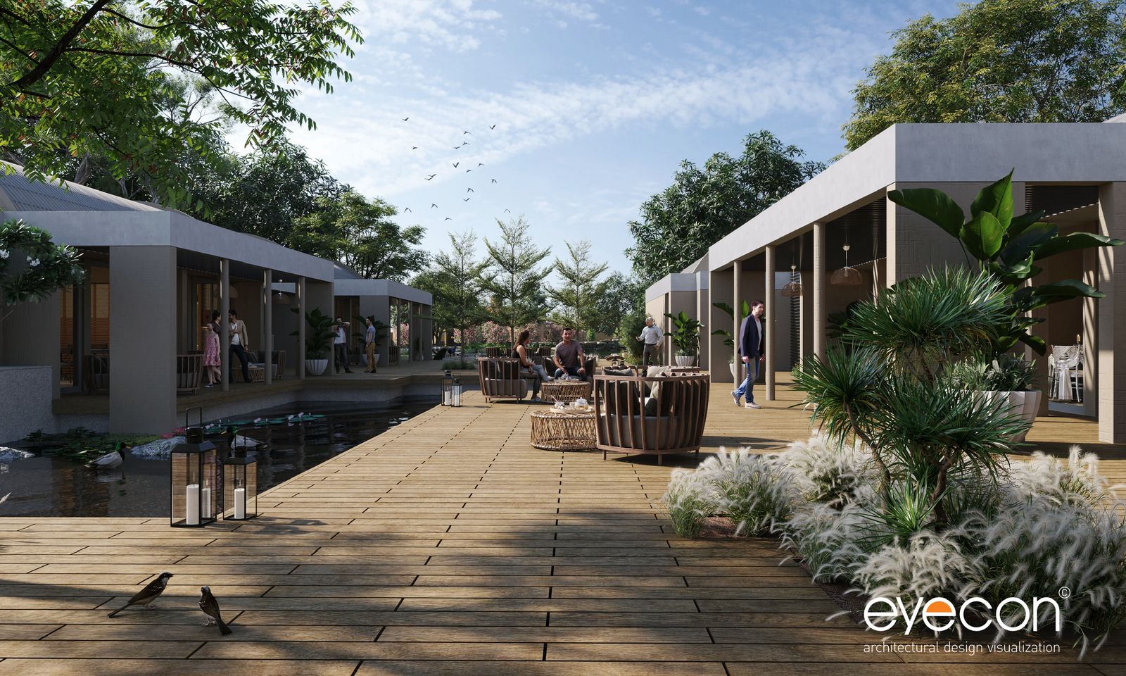 Lifestyle deck beside water and cafe-style amenities at The Lake Side