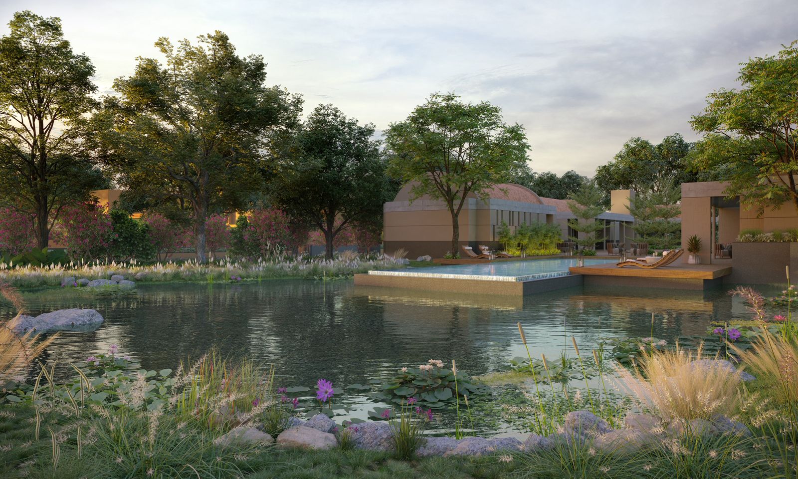 Lake Side homes facing a calm landscaped water body