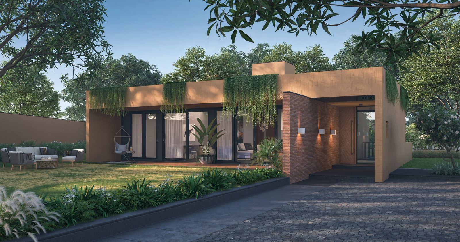 The Lake Side sample villa facade with garden landscaping